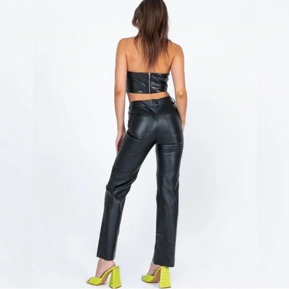 Princess Polly Black Vegan Leather Macey Straight Leg Pants - Picture 2 of 6